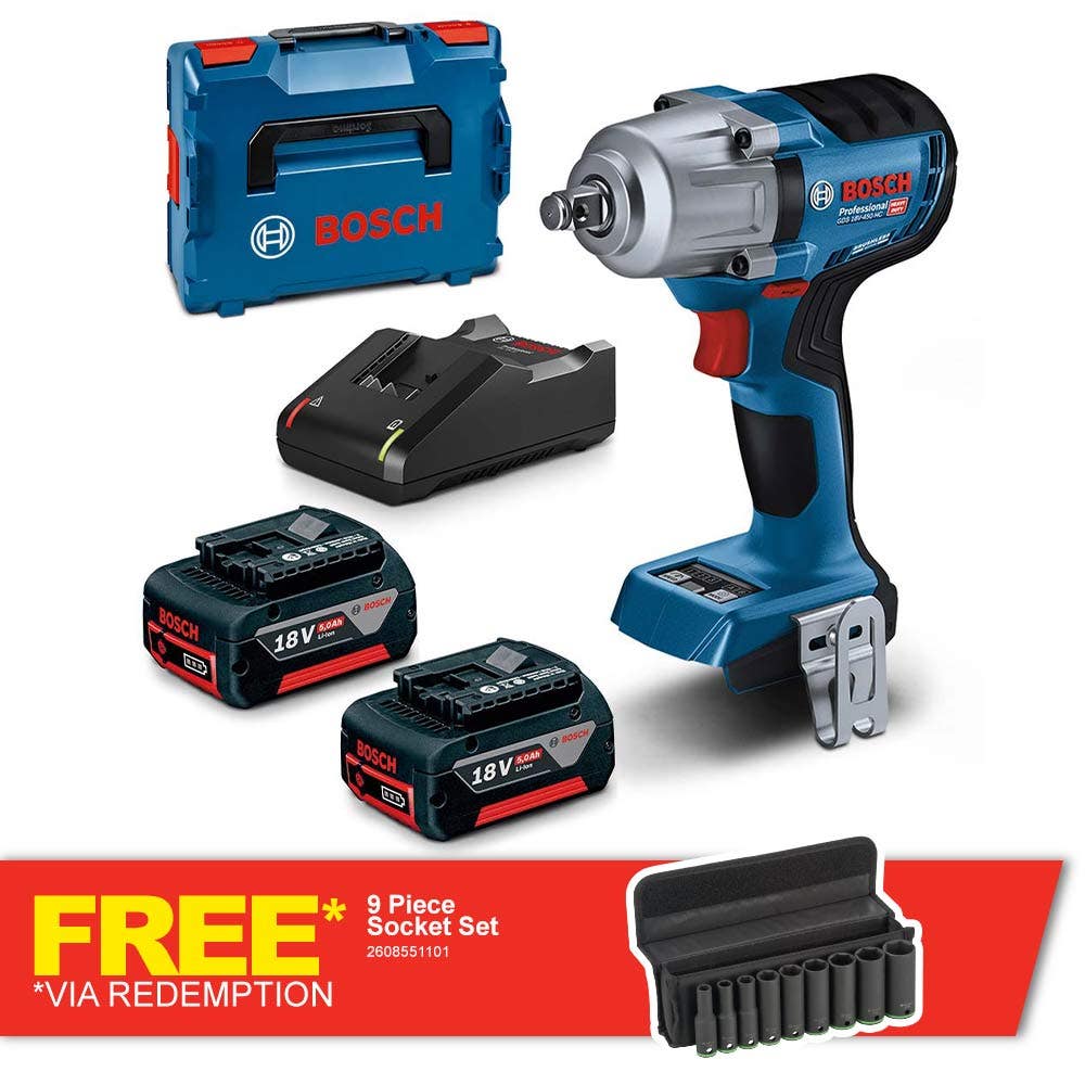 Set de chei de impact BOSCH 18V fără perii 2 x 5.0 Ah 1/2 inch GDS 18 V-450 HC 06019K4041