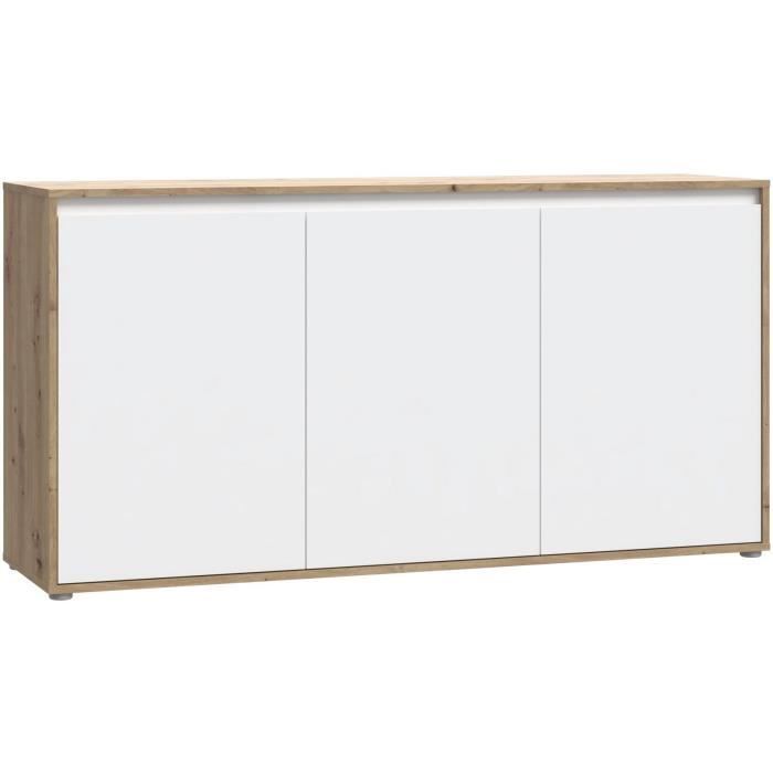 Aparador - SKELPE - Blanco mate y roble - 3 puertas + 3 estantes - 152,6 x 42 x 78,5 cm