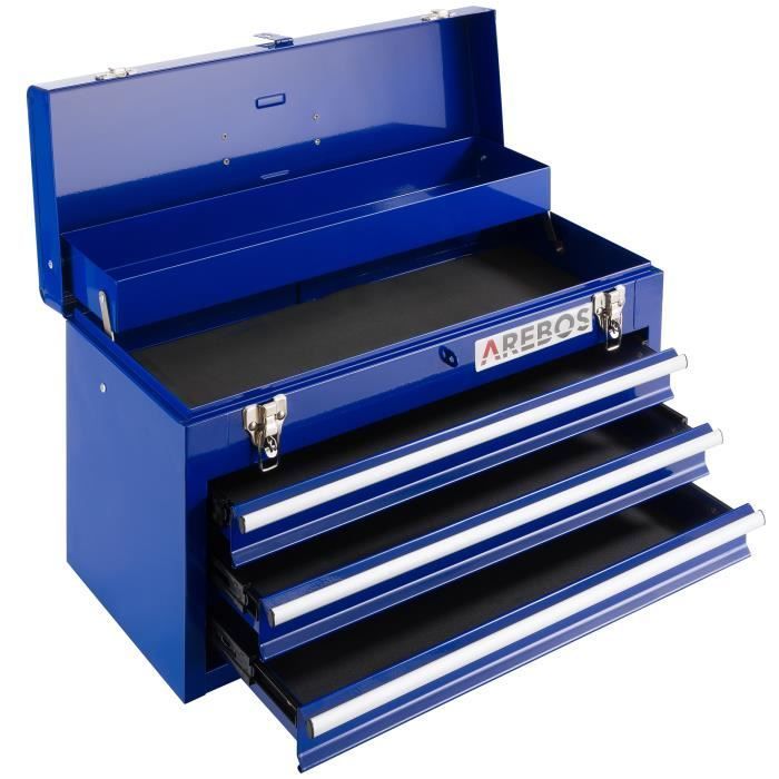 Cassetta portautensili AREBOS con 3 cassetti e 2 scomparti | Blu | Cassetta portautensili | Tappetino antiscivolo