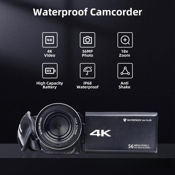 Videocámara digital, resolución 4K, resolución de 56 MP, pantalla HD de 3 pulgadas, resistente al agua, zoom de 18x, portátil, color negro.