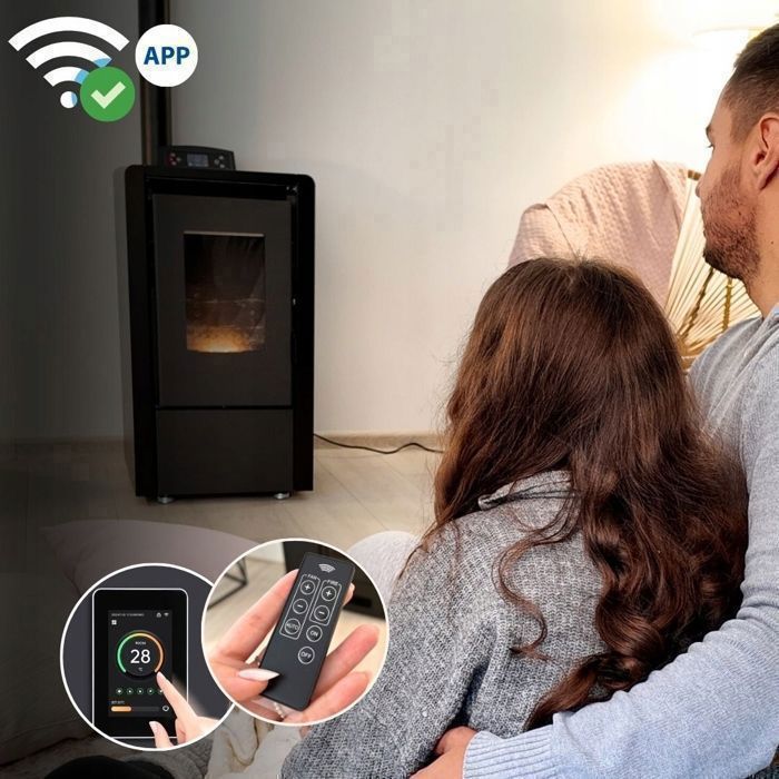 Poêle à Granulés Indépendant THUNDER® LEYLA-BLACK 6,3 kW | Thermostat Intégré | Kit Complet | Design Poêle-Cheminée