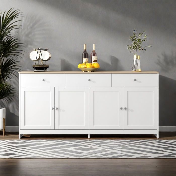 Buffet - 4 portes et 3 tiroirs - Blanc et bois - 160x37x75 cm - Style rustique moderne