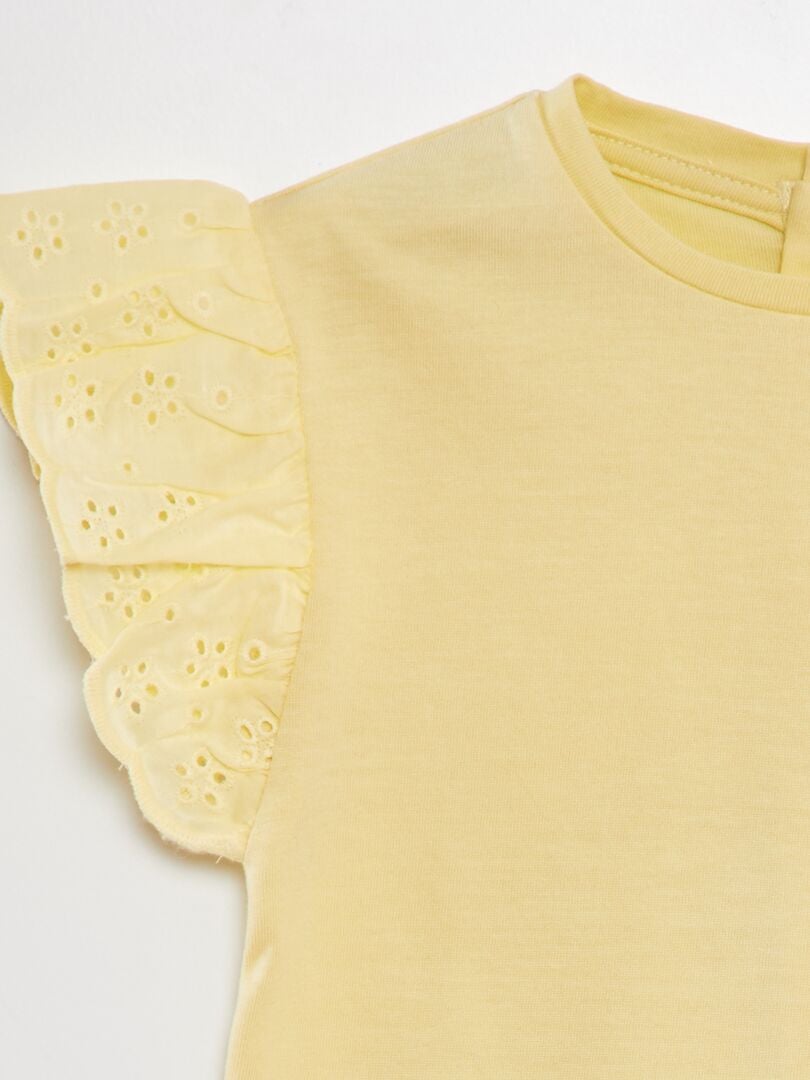 T-shirt met mouwen en Engelse borduursteek - GEEL