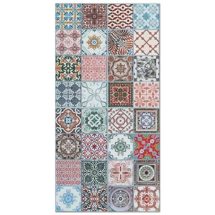 Alfombra panorámica multicolor de vinilo Nijar con estampado de baldosas de cemento, 40x80 cm - Alfombra de PVC para cocina, oficina y sala de estar.