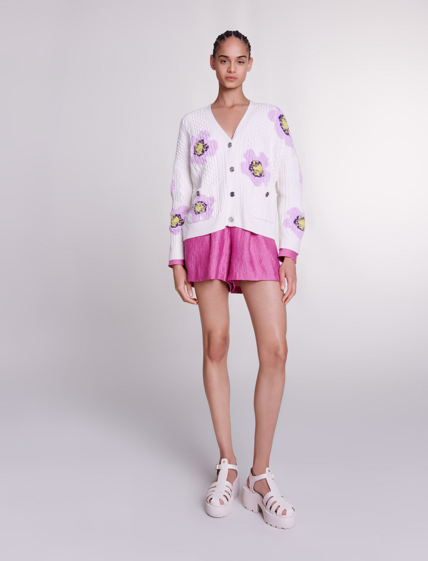 Cardigan tricotat cu imprimeu floral - Alb-gălbui