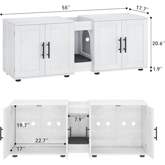 Arenero para 2 gatos, casita de baño para gatos con doble compartimento, bandeja de madera de 140 x 45 x 57 cm - Blanco