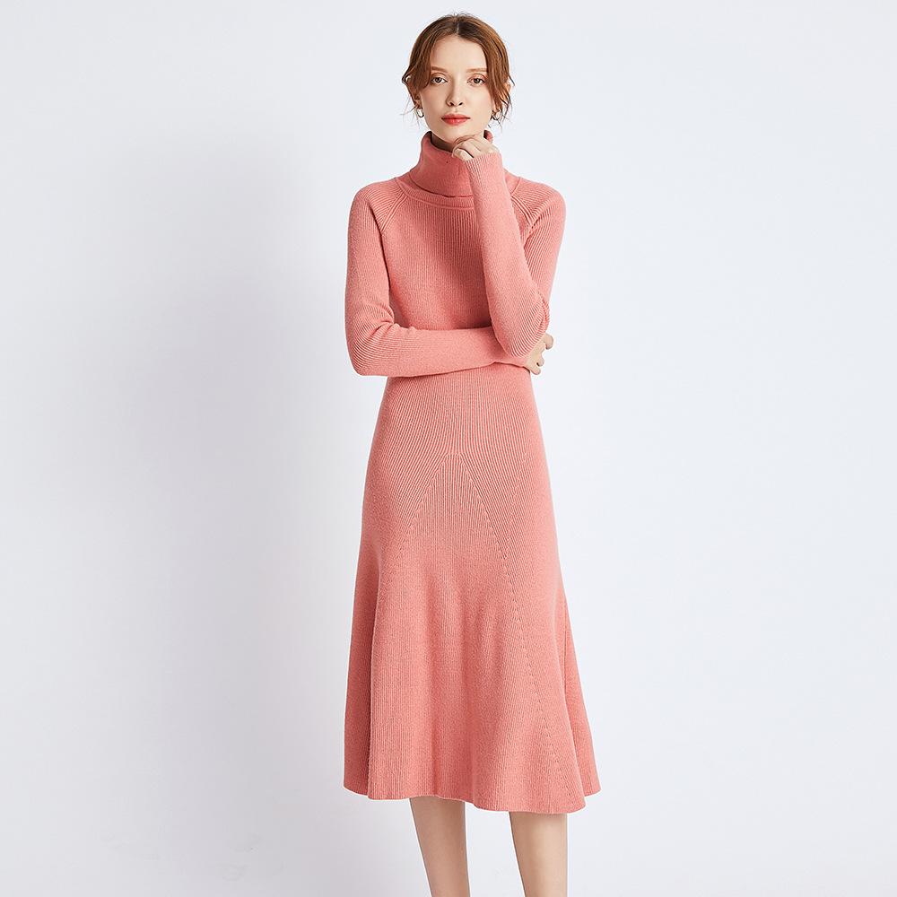 Abito maglione lungo spesso e aderente da donna autunno inverno 2020, abito maglione a collo alto classico con maniche a spacco, chic