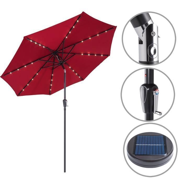 KINGSLEEVE® 300 cm roter Solar-LED-Gartenschirm, neigbarer Sonnenschutz mit Kurbel, UV-Schutz 80+