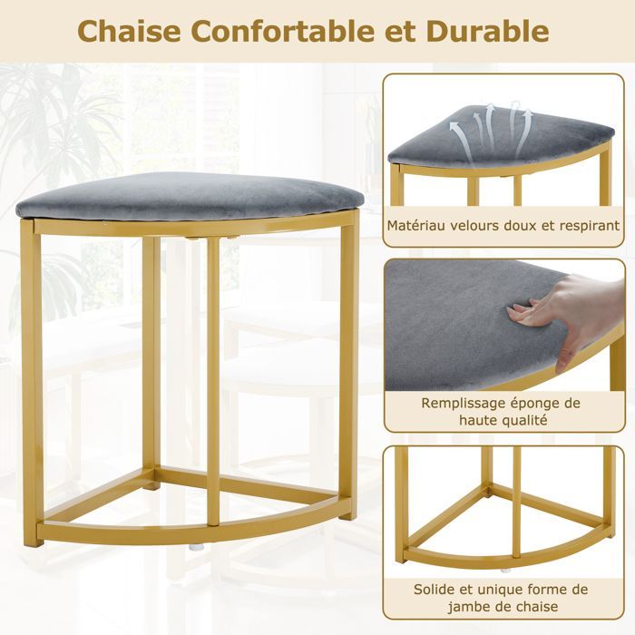 DRIPEX Table à Manger avec 4 Chaises,Ensemble Table de Cuisine Moderne ,MDF+Cadre en Fer Doré,Chaise en Velours,80x80x75cm,Gris