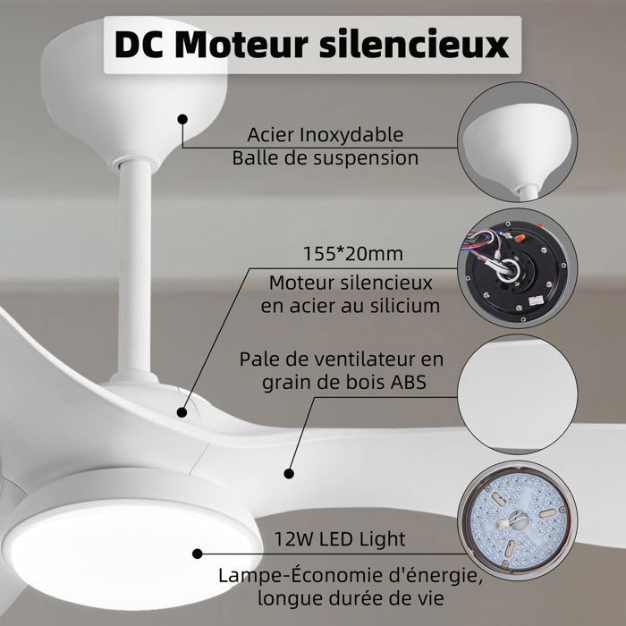 Ventilateur Plafond avec Lumière LED à Intensité Variable, 132 cm, Télécommande/Mode Hiver-Été/Silencieux/Moteur CC 30W, Blanc