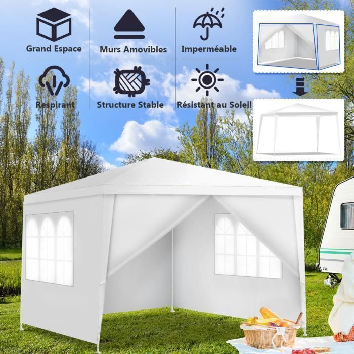 COSTWAY Tonnelle de Jardin Chapiteau 3x3m-4 Parois Amovibles-en Tissu PE Imperméable-2 Fenêtres