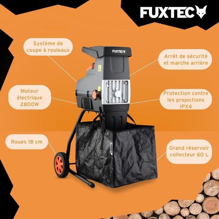 Broyeur de végétaux électrique FUXTEC FX-EGH2800T - 2800W rouleaux silencieux 92 dB, bac toile 60L, coupe branches Ø44mm