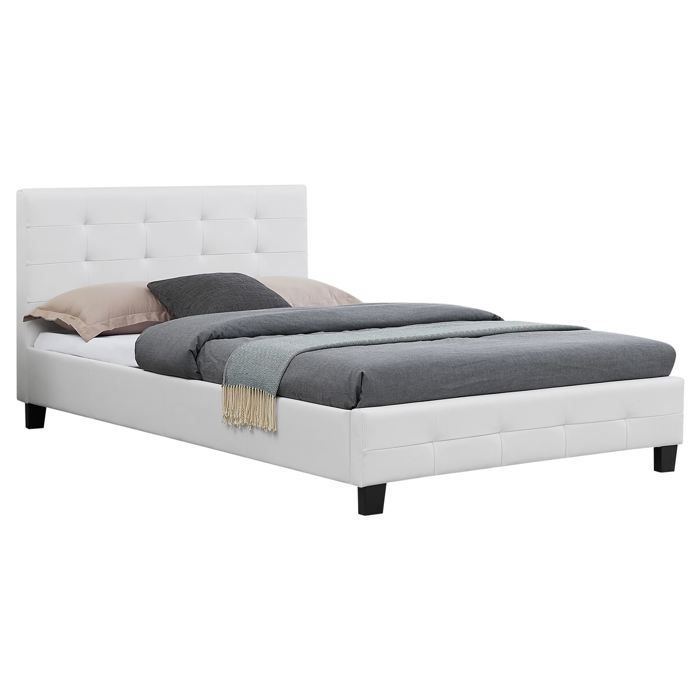 Cama individual MARLON para adultos con somier de láminas de 120x190 cm, para 1,5/1 persona, cabecero y piecero tapizados en material sintético.