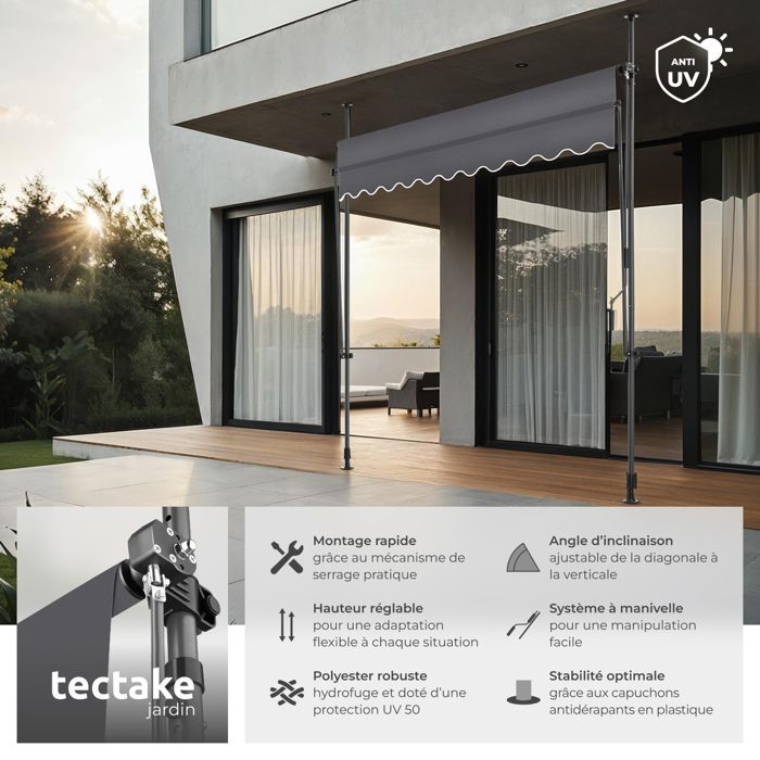 Store banne de jardin - TECTAKE - Store à pince sans perçage avec manivelle réglable en hauteur - Noir/Gris - 250 x 180 cm