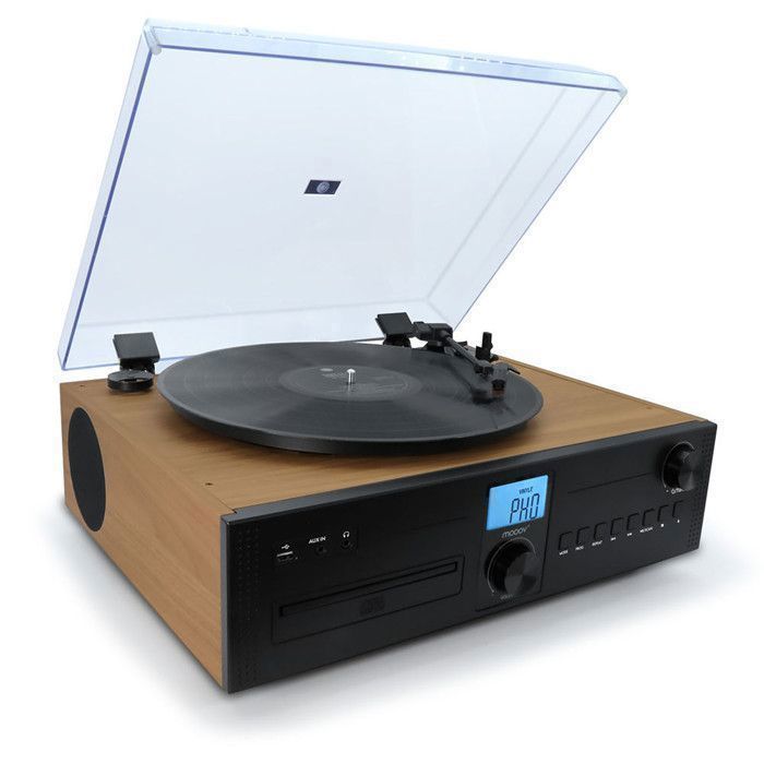 Mooov 477365 Micro-chaîne HiFi, Lecteur CD Radio, Platine Vinyle 33, 45, 78 Tours Stéréo Bluetooth - Haut-Parleur Intégrés - Bois