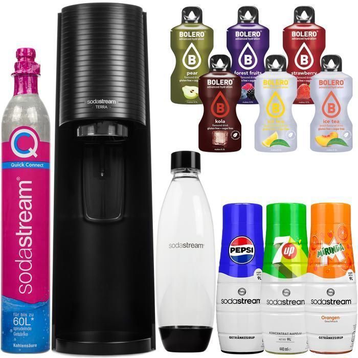 Sparkling Water Saturator - SodaStream - Terra Noir - 1L - 3 Syrups - 6 Bolero Sachets - Bottle Included