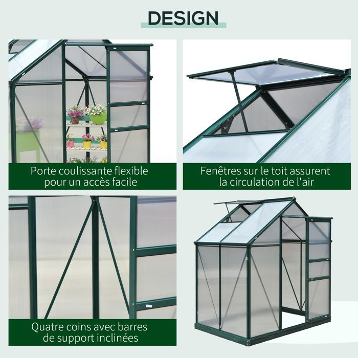 Serre de jardin polycarbonate - Outsunny - résistant aux UV 30+ - avec fondation renforcé - 190 x 132 x 201 cm - vert foncé