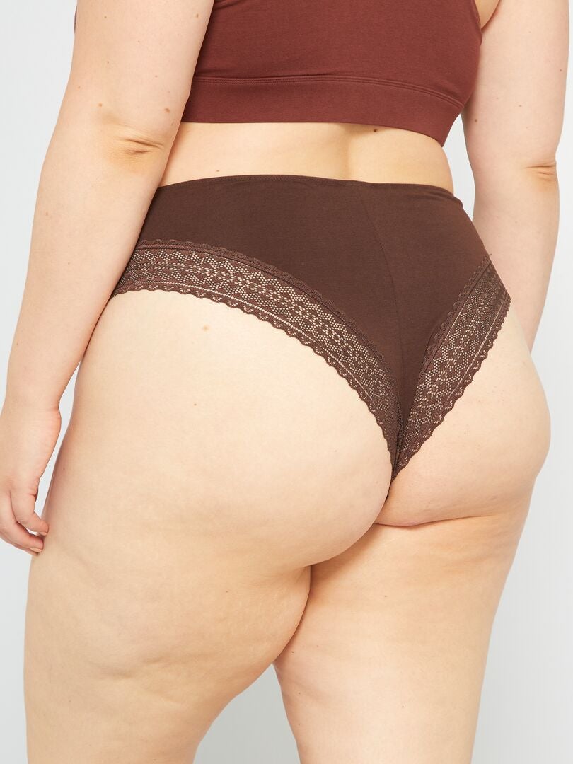 Conjunto de 2 tangas de punto y encaje - MARRÓN