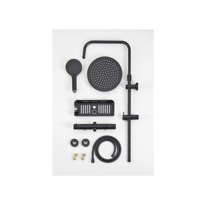 Shower column with thermostatic mixer - Edouard Rousseau - Ars Tab - Black - Round overhead shower - Hand shower
