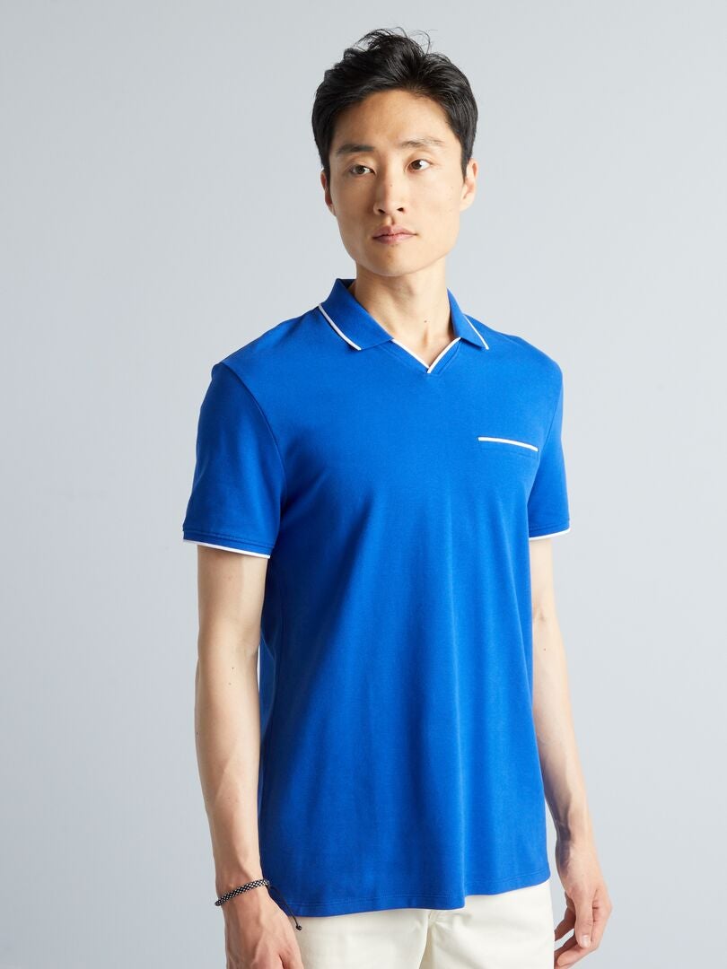 Polo de cuello en V de piqué de algodón - azul