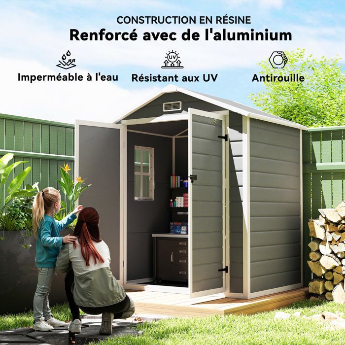 Caseta de jardín Outsunny - 2,12 m² Caseta de resina PP con 2 puertas y ventanas de ventilación - PP - gris