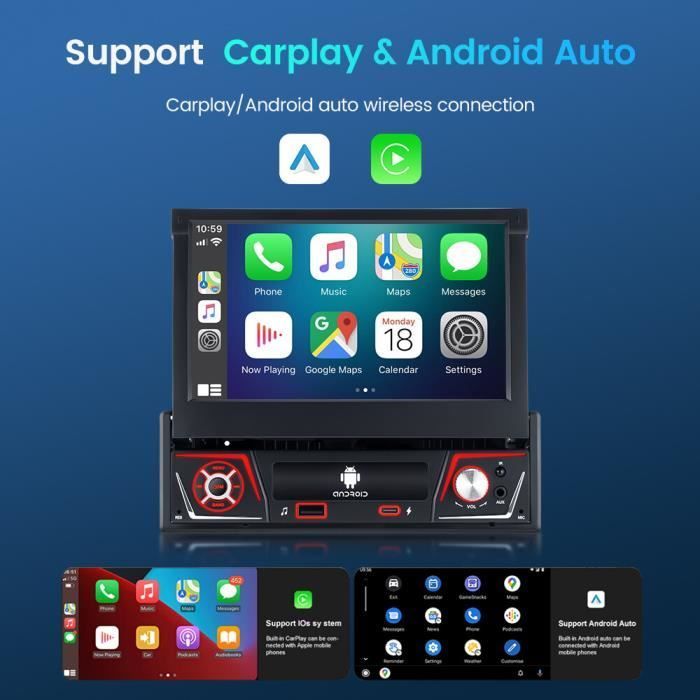 Radio para coche GEARELEC de 1 DIN y 7 pulgadas con CarPlay, Android Auto, navegación GPS, WiFi, Bluetooth, RDS, FM/AM y 2+32 GB de almacenamiento.