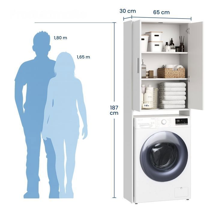 Mueble para lavadora - 65x30x187 cm - Mueble para lavadora - Mueble de almacenamiento para baño/lavadero - Blanco