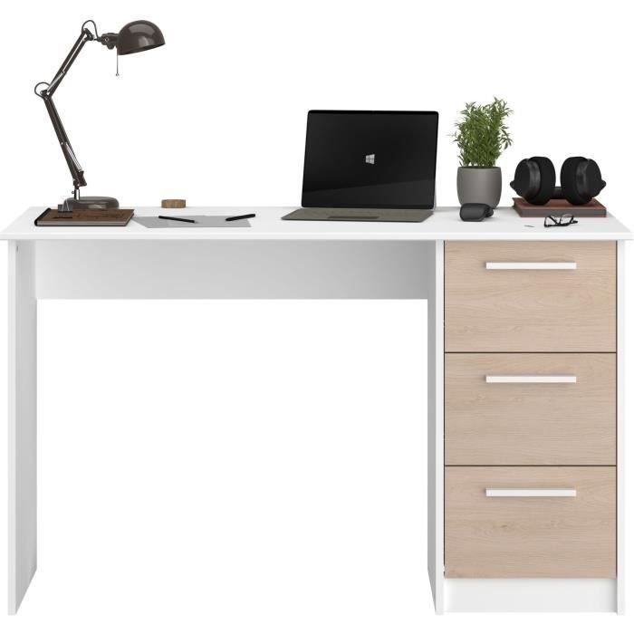 ESSENTIEL Straight Desk - 3 Drawers - Oak and White Finish - W 121.2 x D 55 x H 74.5 cm - PARISOT