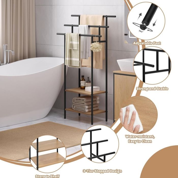 Meuble Salle de Bain EUGAD - Porte Serviette sur Pied 3 Niveaux - 68x28x117cm - Noir+Chêne Clair