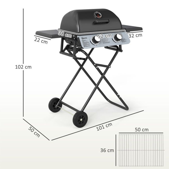 Barbecue gaz transportable - Outsunny - pliable - 2 brûleurs 5,6 kW - avec étagères latérales, thermomètre, couvercle, roues - noir