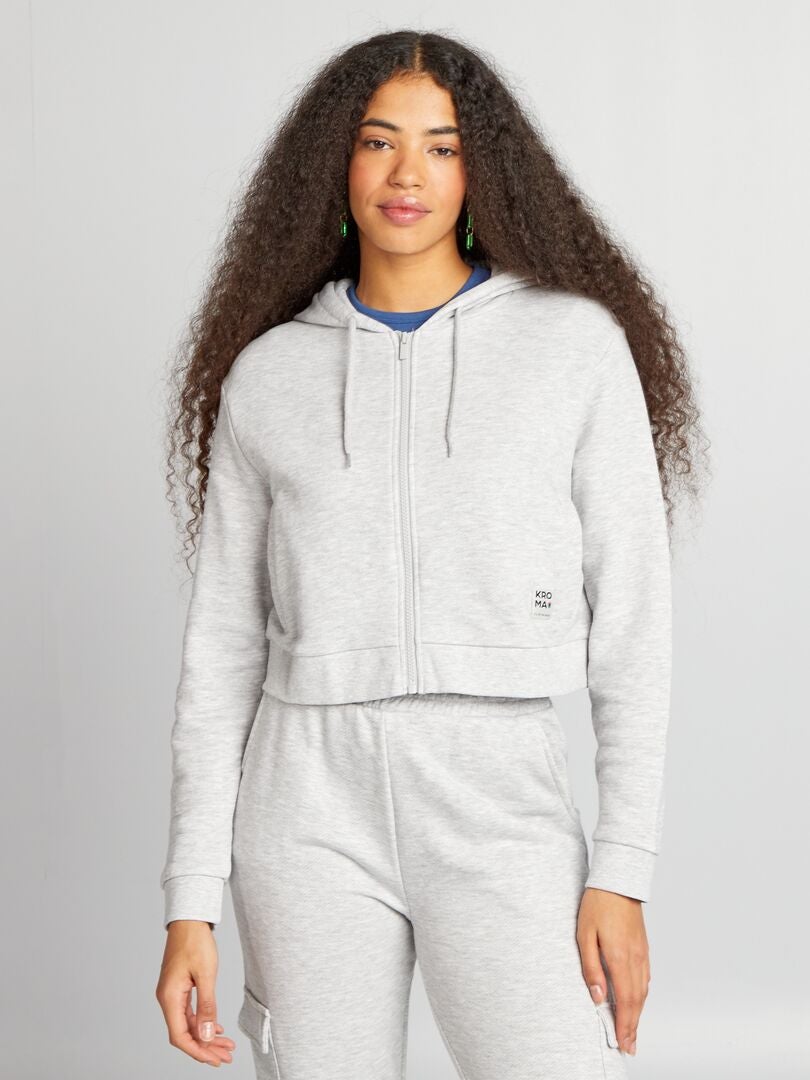 Effenkleurige hoodie met rits - GRIJS