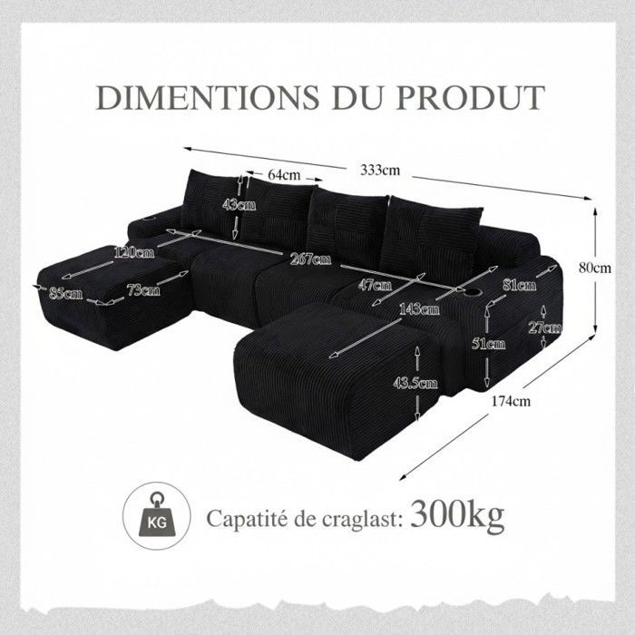 Sofá modular - LANGTU - 4 plazas, pana - Negro - 2 otomanas - Portavasos y bolsillo lateral