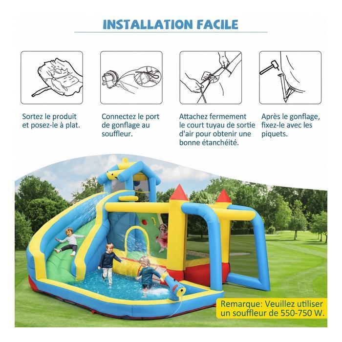 Château Gonflable 5 en 1 Enfants 3-10 Ans, Structure Gonflable avec Toboggan, Panier Basket, Aire Saut, 364×315×239 cm-Oxford Bleu