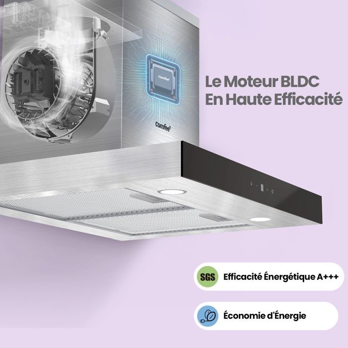 Exaustor de cozinha Comfee de 60 cm com controle por toque - 650 m³/h - Classe energética A+++ - 4 velocidades - Filtro de carvão ativado - Visor LED - Aço inoxidável preto