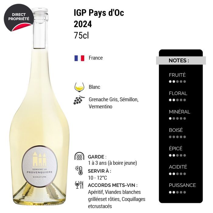 Domaine La Provenquière Pays d'Oc Signature 2024 - Vinho Branco de Languedoc-Roussillon (6 x 75cl) HVE
