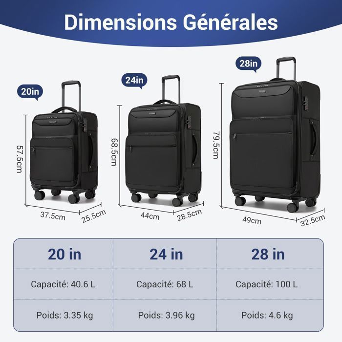 British Traveller Set de 3 Valises (57.5/68.5/79.5cm) - Valise Souples Légères et Résistantes avec 4 Roues et Serrure TSA, Noir