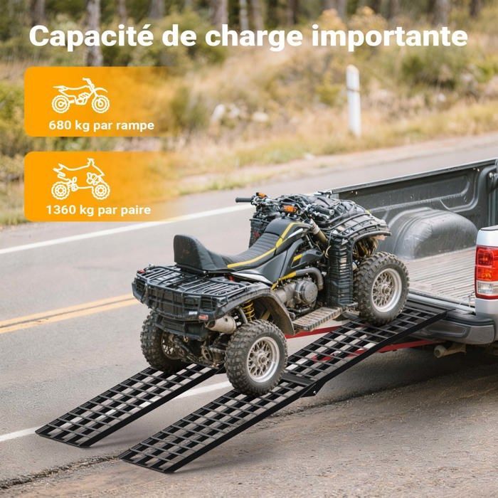 Rampa de carga plegable Wiltec 2740 x 450 mm – Capacidad de carga máxima 680 kg – Aluminio – Perfil de diamante – Rampa de acceso