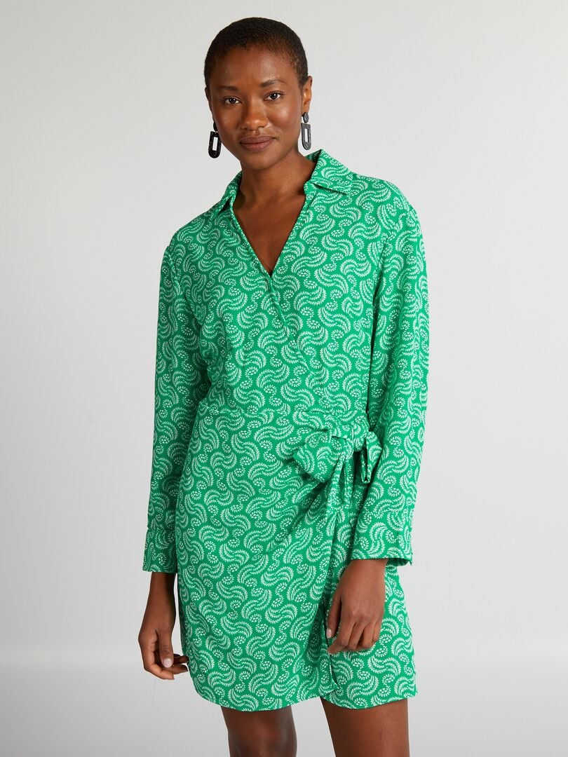 Jurk met strikceintuur en patroon - GROEN