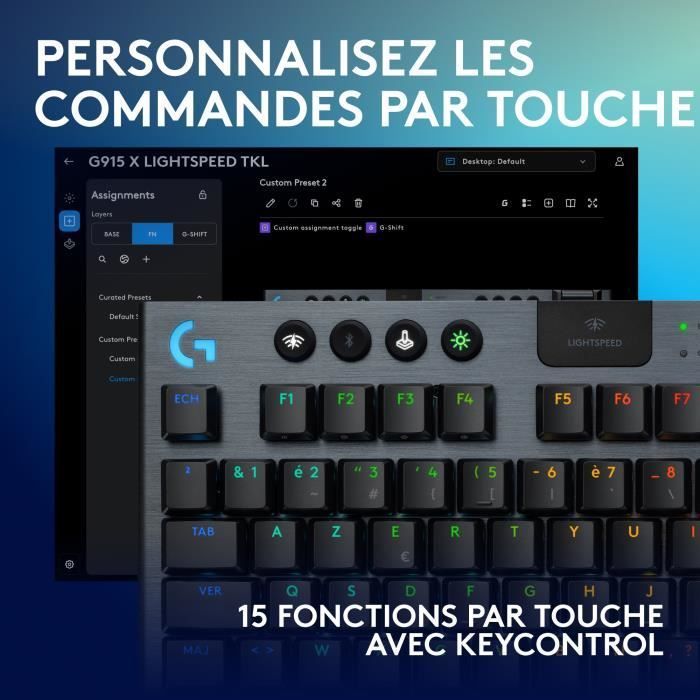 Clavier gamer - Sans fil - Logitech G - G915 TKL X - AZERTY - Switch tactile - Noir