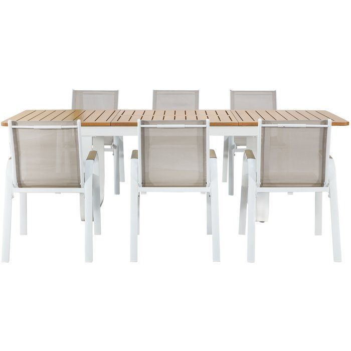 Ensemble repas de jardin - VIANEA - Table extensible 155/245x100x74 cm + 6 fauteuils - Aluminium - Blanc et naturel - 6 personnes