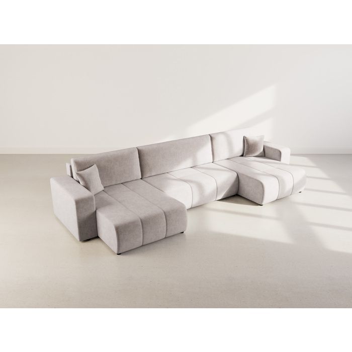 Nicole - Divano letto panoramico a forma di U a 7 posti con contenitore, in tessuto - Grigio chiaro
