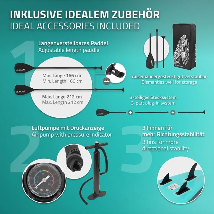 Tavola da Stand Up Paddle gonfiabile Makani di ECD Germany | 320 x 82 x 15 cm | fino a 150 kg | PVC | Turchese