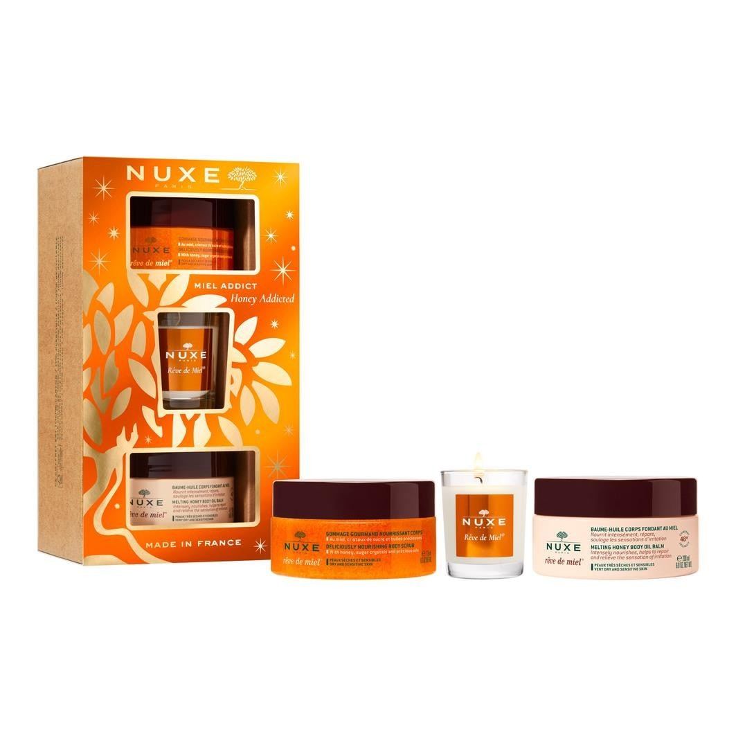 NUXE set za njegu tijela Nuxe Rêve de Miel® poklon set - Otkrijte svoju ljubav prema medu - Piling za tijelo 175 ml + Balzam za tijelo 200 ml + Svijeća 70 g 1 komad.