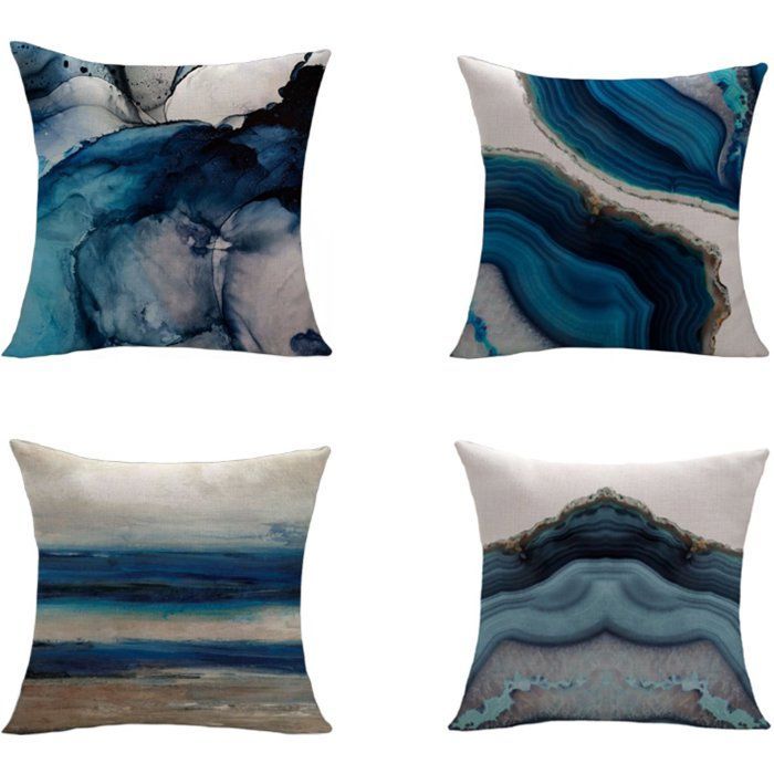 Set med 4 dekorativa örngott - 45 x 45 cm - Vintagetryck - Linne - Enkelsidigt tryck - Oceanblå
