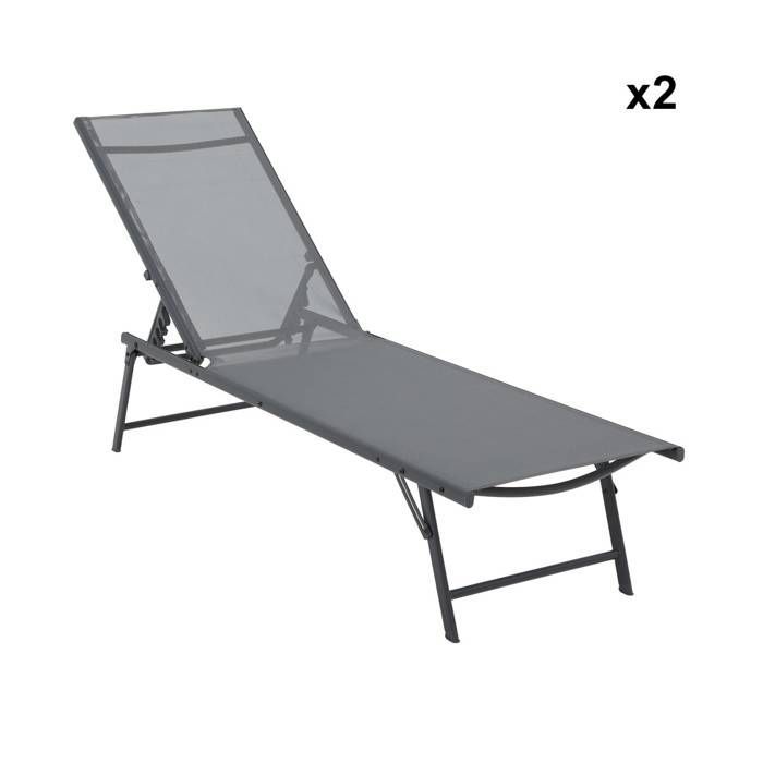 Lot de 2 bains de soleil acier textilène inclinable 4 positions Tropea anthracite. 165 x 54.5 x 82.5 cm