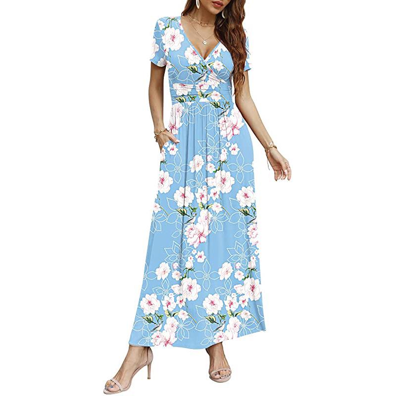 Robe longue décontractée à manches longues et décolleté en V profond pour femme, robe maxi plissée à taille haute avec poches