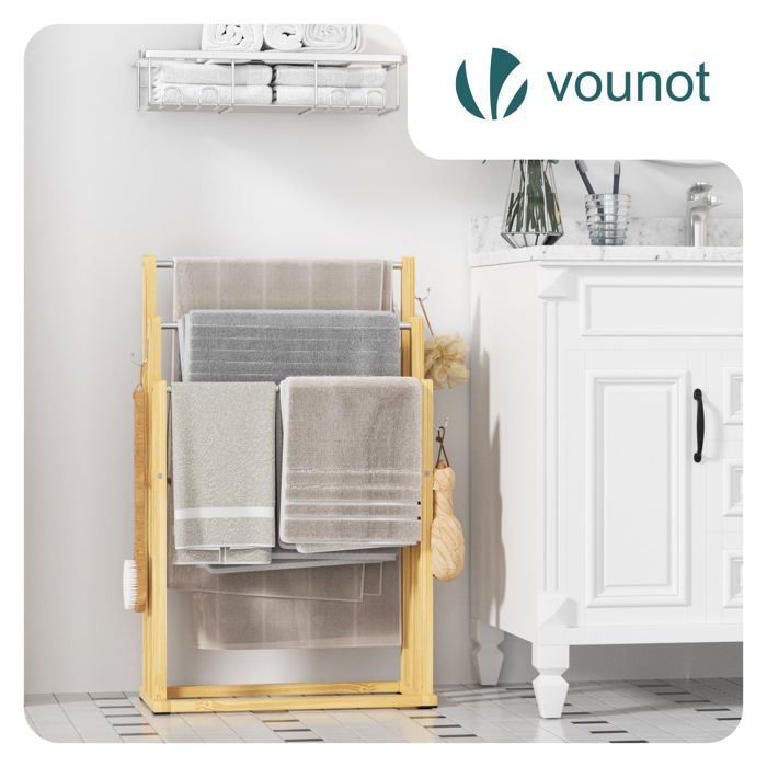 Toallero independiente VOUNOT® - Soporte de 3 niveles con ganchos - Bambú