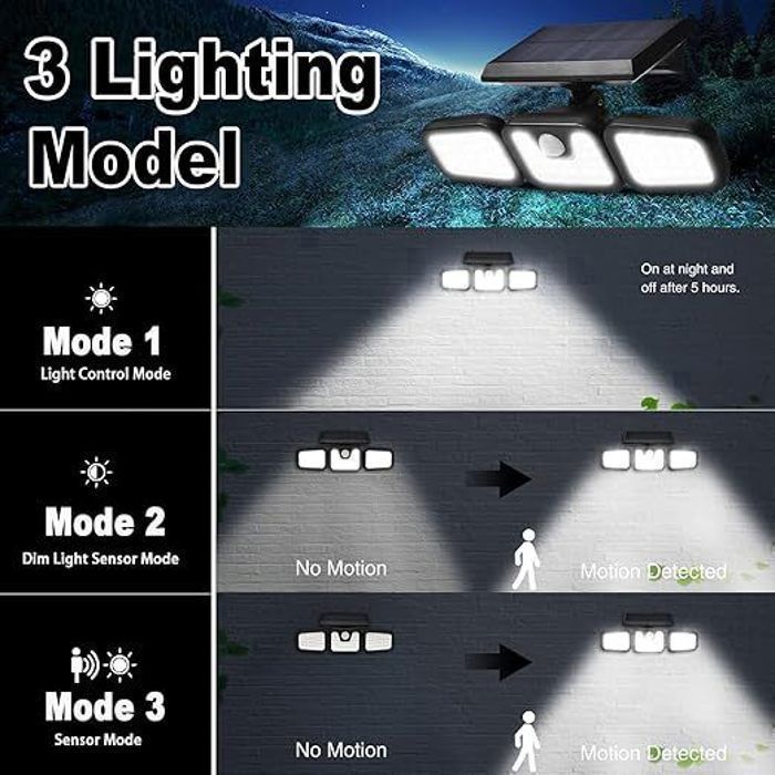 Lámpara solar exterior con sensor de movimiento, 74 LED, resistente al agua IP65 para jardín, entrada y patio.
