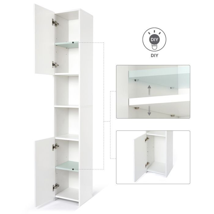 Armario de baño alto y estrecho Mondeer con 2 puertas brillantes, 6 compartimentos ajustables, blanco.