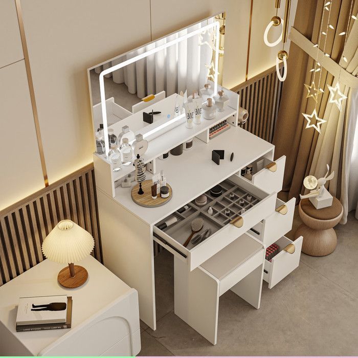 Kaptafel - LED-spiegel - 4 lades - 3 planken - 2 USB-poorten - 90x40x140cm - Wit